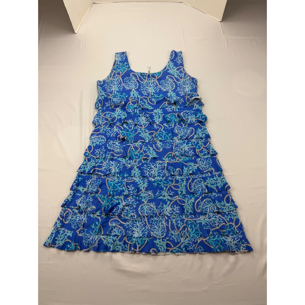 Lulu-B Tiered Ruffle Dress Women Large Blue Coral Rope Print Sleeveless Coastal - Picture 9 of 11